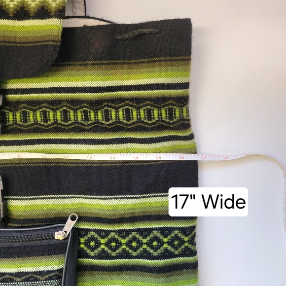 Woven Alpaca Blanket Backpack 💚🖤 Green & Black Design Drawstring Sack Bag Tote - Picture 5 of 11